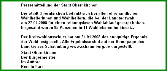 Pressemitteilung der Stadt Obernkirchen