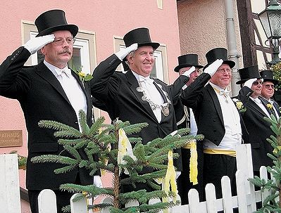 Brgermeister, Stadtkommandant und der Fhrungsstab gren die Brgerschtzen beim Vorbeimarsch