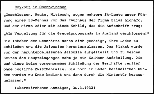 Boykott in Obernkirchen - Quelle: Schaumburger Geschichte von Prof. Dr. Karl Heinz Schneider