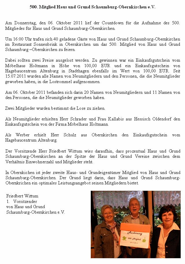 500. Mitglied Haus und Grund Schaumburg-Obernkirchen e.V.
